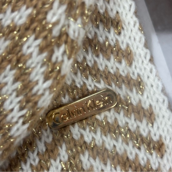 NWT Calvin Klein Gold and White Knit Hat and Scarf OS - Picture 3 of 5